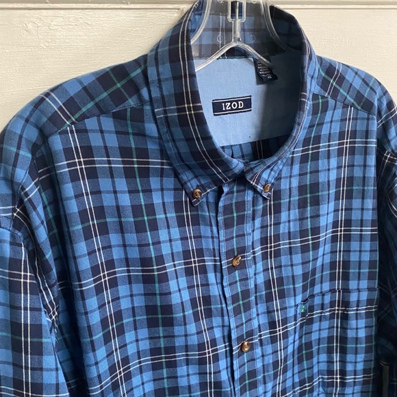 IZOD Men's Plaid Button Down Long Sleeve Shirt Blue Navy White Green -‎ XL EUC - Picture 9 of 10